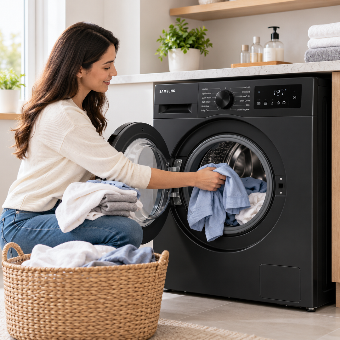 Samsung WW90CGC04DAB 9kg Front Load Washing Machine – 1400 RPM, Ecobubble, Hygiene Steam, SmartThings, Digital Inverter, Black - Teq Souq
