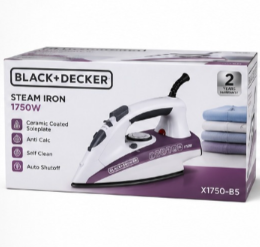 BLACK+DECKER X1750-B5 1750W Steam Iron – Non-Stick Soleplate, 220ml Water Tank, Steam Boost, Vertical Steam, White/Purple - Teq Souq