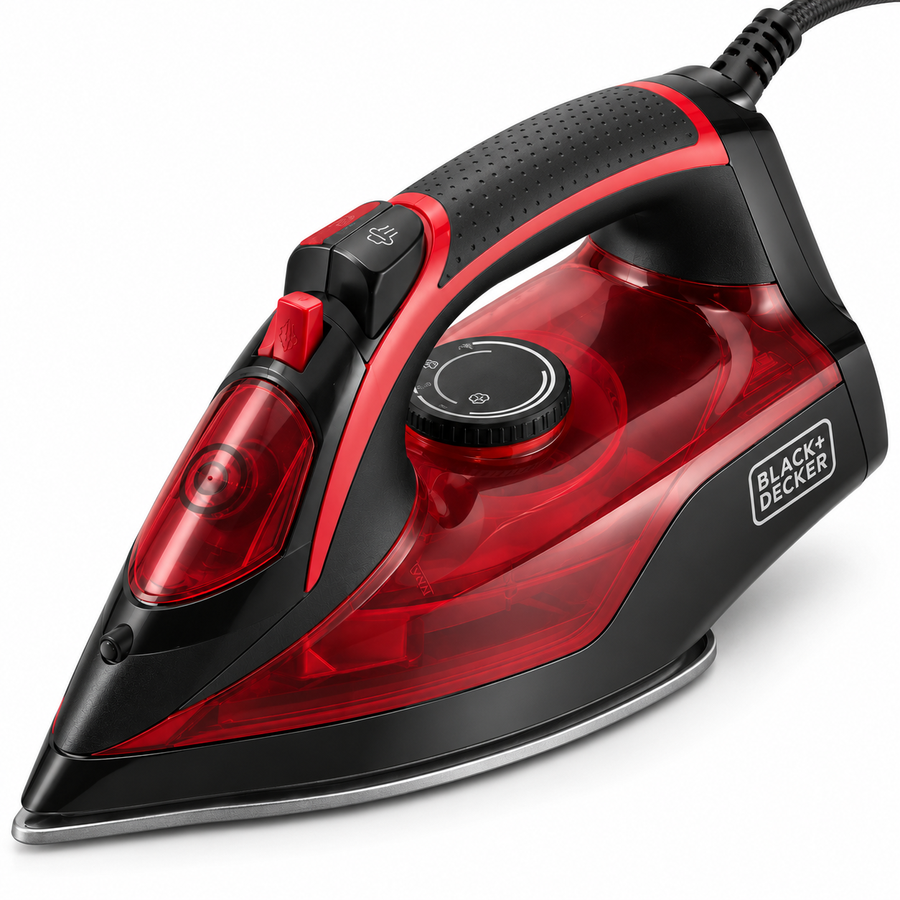 BLACK+DECKER X2200-B5 2200W Steam Iron – Non-Stick Soleplate, 220ml Water Tank, Vertical Steam, Self-Clean, Black/Red - Teq Souq