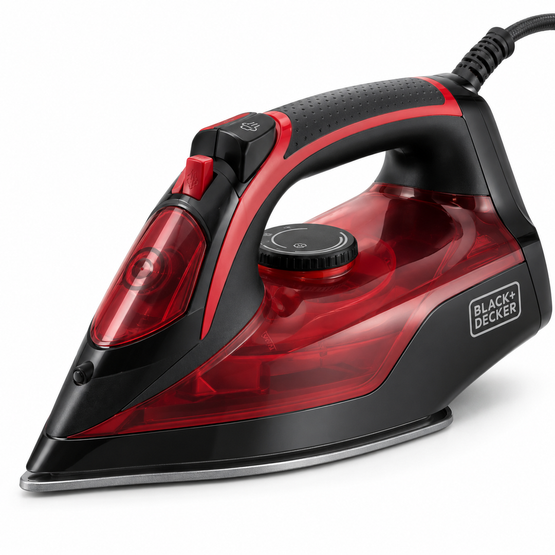 BLACK+DECKER X2200-B5 2200W Steam Iron – Non-Stick Soleplate, 220ml Water Tank, Vertical Steam, Self-Clean, Black/Red - Teq Souq