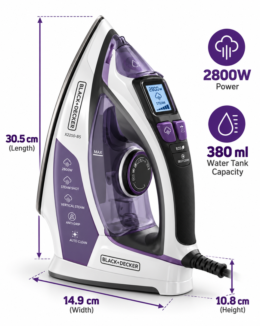 BLACK+DECKER X2250-B5 2800W Digital Steam Iron – LCD Display, Anodized Soleplate, 380ml Tank, Auto Shut-Off, Purple/White - Teq Souq