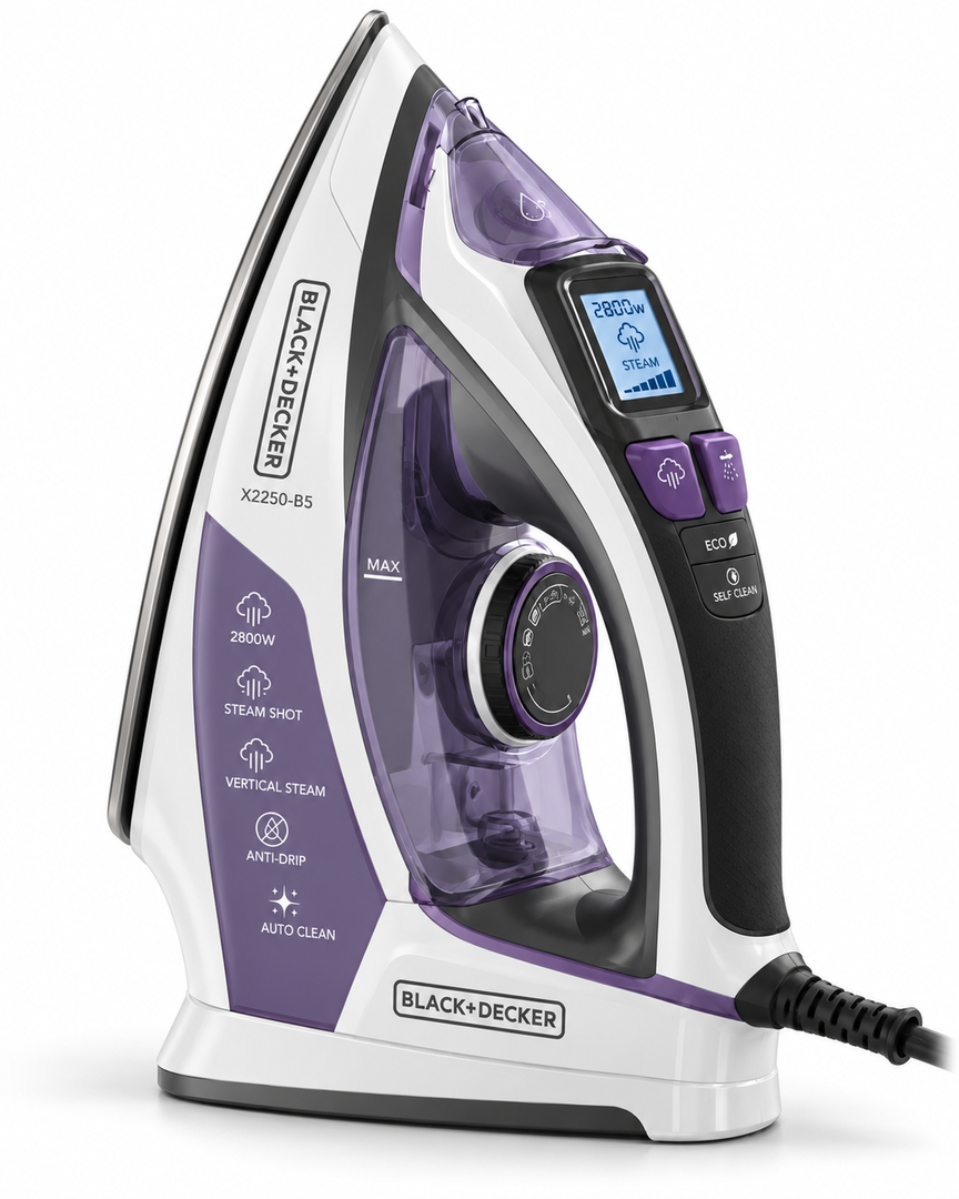 BLACK+DECKER X2250-B5 2800W Digital Steam Iron – LCD Display, Anodized Soleplate, 380ml Tank, Auto Shut-Off, Purple/White - Teq Souq