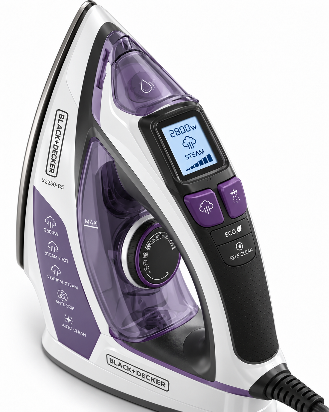 BLACK+DECKER X2250-B5 2800W Digital Steam Iron – LCD Display, Anodized Soleplate, 380ml Tank, Auto Shut-Off, Purple/White - Teq Souq