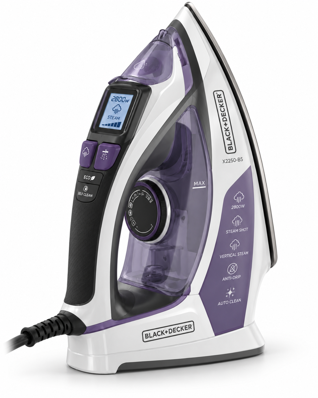 BLACK+DECKER X2250-B5 2800W Digital Steam Iron – LCD Display, Anodized Soleplate, 380ml Tank, Auto Shut-Off, Purple/White - Teq Souq