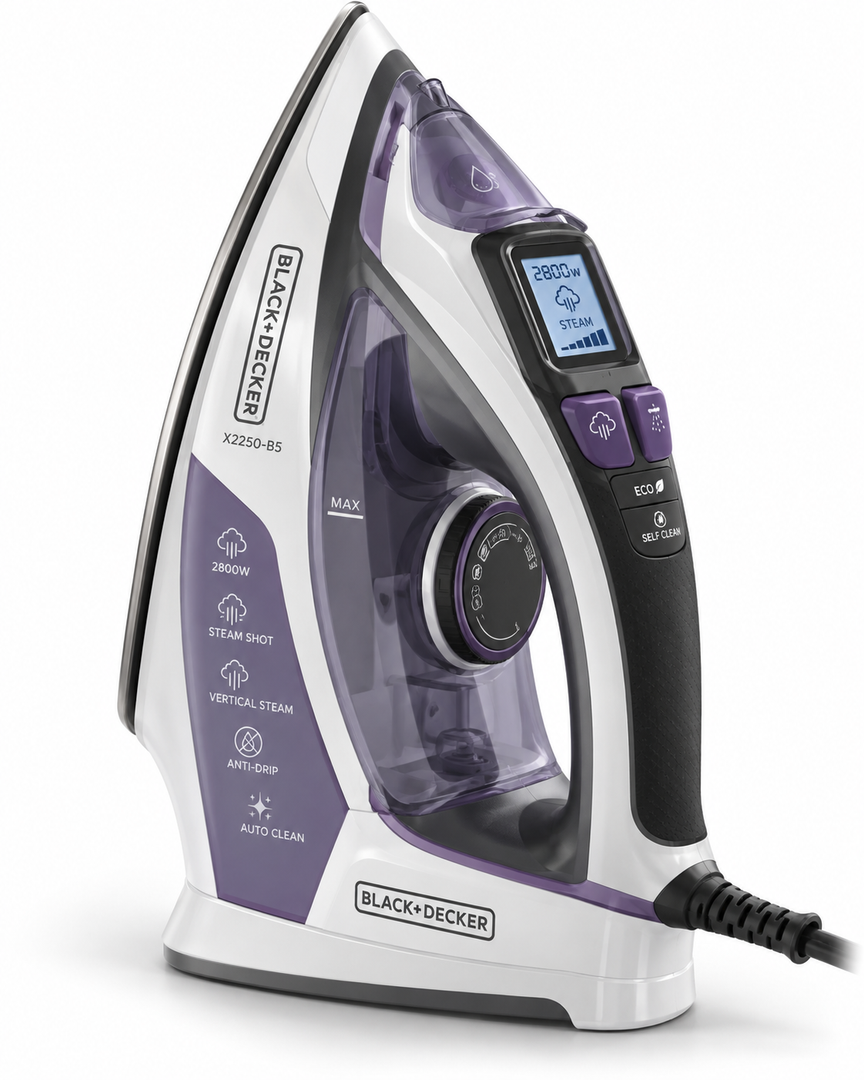 BLACK+DECKER X2250-B5 2800W Digital Steam Iron – LCD Display, Anodized Soleplate, 380ml Tank, Auto Shut-Off, Purple/White - Teq Souq