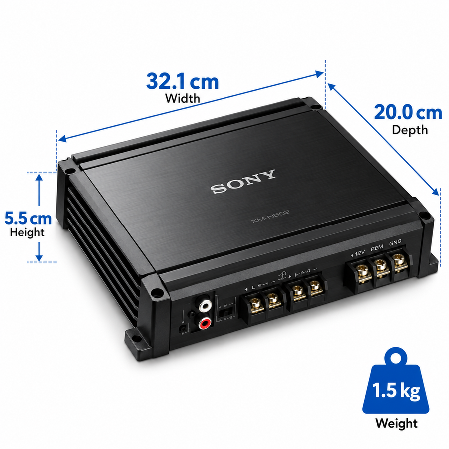 Sony XM-N502 500W 2-Channel Stereo Car Amplifier – 65W x 2 RMS, MOSFET Power Supply, Low Pass Filter, Black - Teq Souq