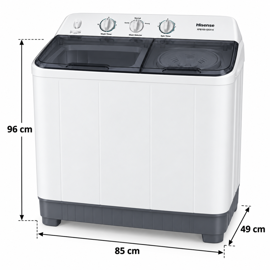 Hisense XPB100-SXA14 10kg Semi-Automatic Twin Tub Washing Machine – Top Load, Spin Dryer, Lint Filter, White/Grey - Teq Souq