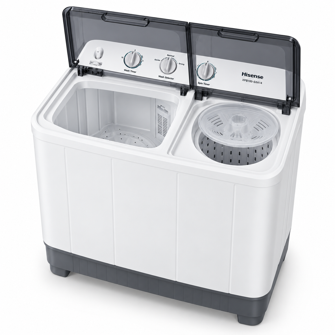 Hisense XPB100-SXA14 10kg Semi-Automatic Twin Tub Washing Machine – Top Load, Spin Dryer, Lint Filter, White/Grey - Teq Souq