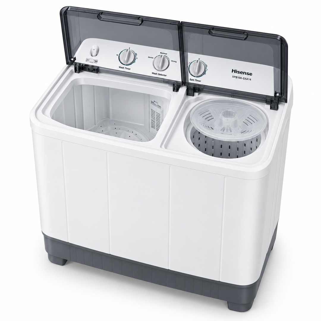 Hisense XPB100-SXA14 10kg Semi-Automatic Twin Tub Washing Machine – Top Load, Spin Dryer, Lint Filter, White/Grey - Teq Souq
