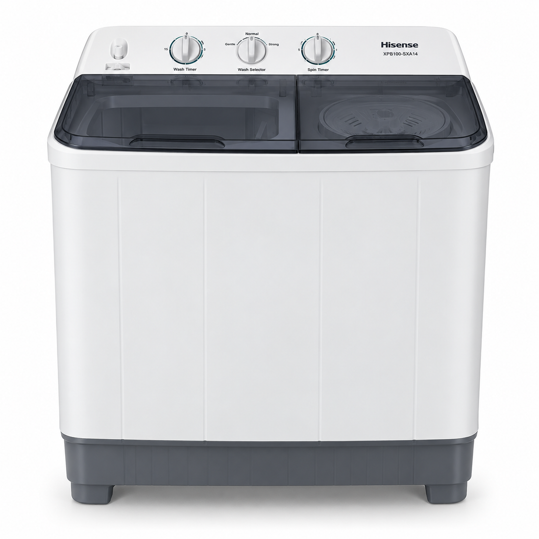 Hisense XPB100-SXA14 10kg Semi-Automatic Twin Tub Washing Machine – Top Load, Spin Dryer, Lint Filter, White/Grey - Teq Souq