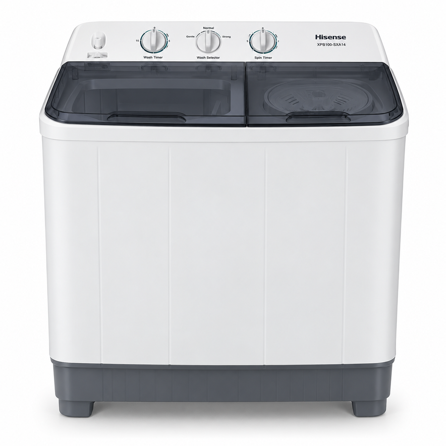 Hisense XPB100-SXA14 10kg Semi-Automatic Twin Tub Washing Machine – Top Load, Spin Dryer, Lint Filter, White/Grey - Teq Souq