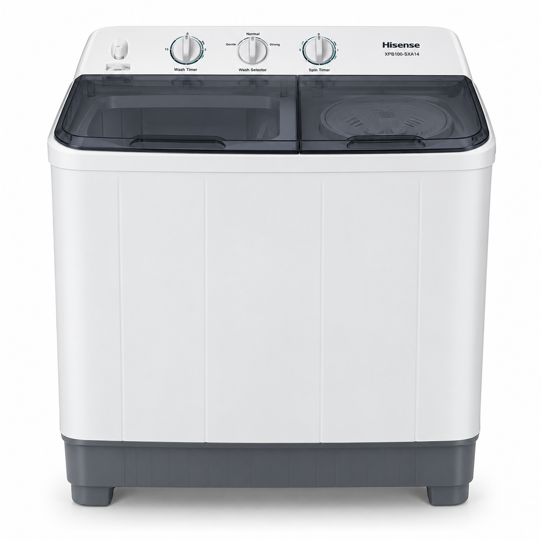 Hisense XPB100-SXA14 10kg Semi-Automatic Twin Tub Washing Machine – Top Load, Spin Dryer, Lint Filter, White/Grey - Teq Souq