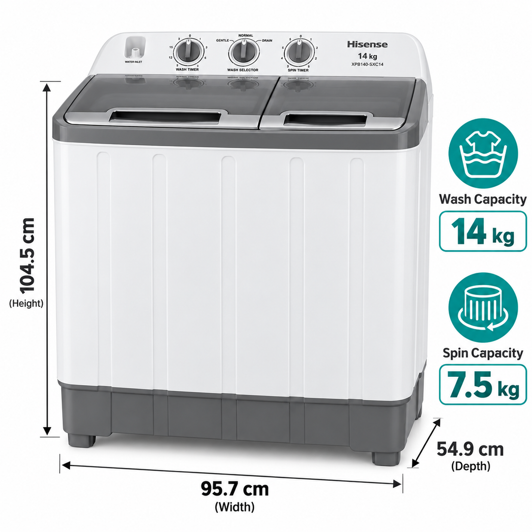 Hisense XPB140-SXC14 14kg Semi-Automatic Twin Tub Washing Machine – 7.5kg Spin Capacity, Top Load, Lint Filter, White/Grey - Teq Souq