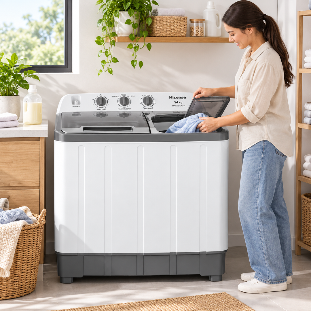 Hisense XPB140-SXC14 14kg Semi-Automatic Twin Tub Washing Machine – 7.5kg Spin Capacity, Top Load, Lint Filter, White/Grey - Teq Souq
