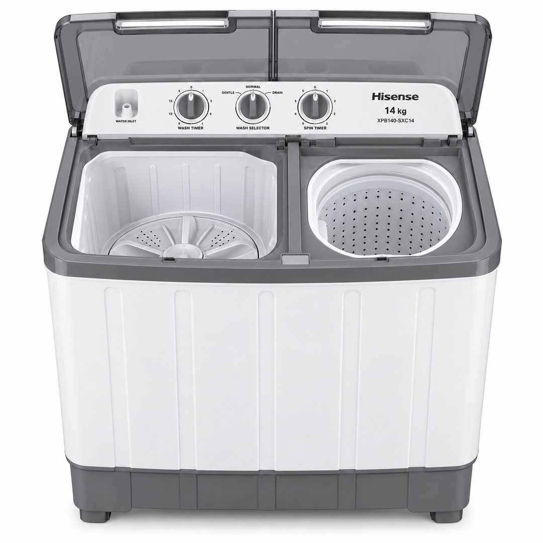 Hisense XPB140-SXC14 14kg Semi-Automatic Twin Tub Washing Machine – 7.5kg Spin Capacity, Top Load, Lint Filter, White/Grey - Teq Souq