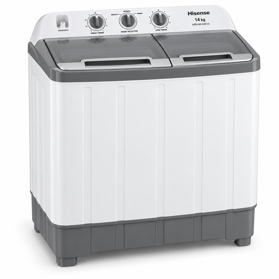 Hisense XPB140-SXC14 14kg Semi-Automatic Twin Tub Washing Machine – 7.5kg Spin Capacity, Top Load, Lint Filter, White/Grey - Teq Souq