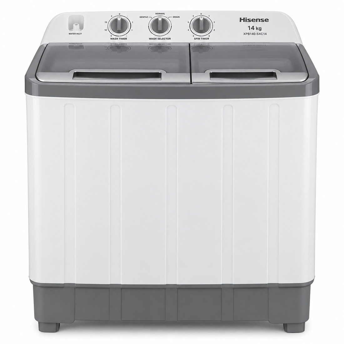 Hisense XPB140-SXC14 14kg Semi-Automatic Twin Tub Washing Machine – 7.5kg Spin Capacity, Top Load, Lint Filter, White/Grey - Teq Souq