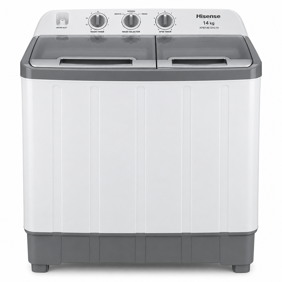 Hisense XPB140-SXC14 14kg Semi-Automatic Twin Tub Washing Machine – 7.5kg Spin Capacity, Top Load, Lint Filter, White/Grey - Teq Souq