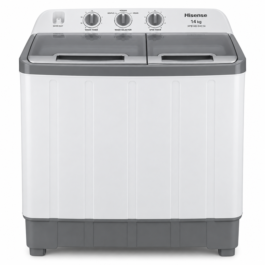 Hisense XPB140-SXC14 14kg Semi-Automatic Twin Tub Washing Machine – 7.5kg Spin Capacity, Top Load, Lint Filter, White/Grey - Teq Souq