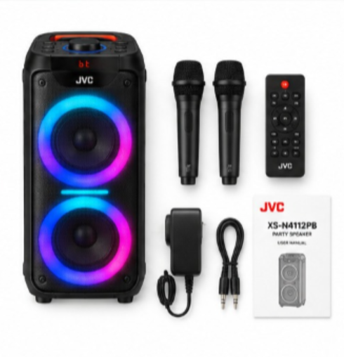 JVC XS-N4112PB Portable Bluetooth Party Speaker – RGB LED Lights, Wireless Microphone & Remote Control, Black - Teq Souq