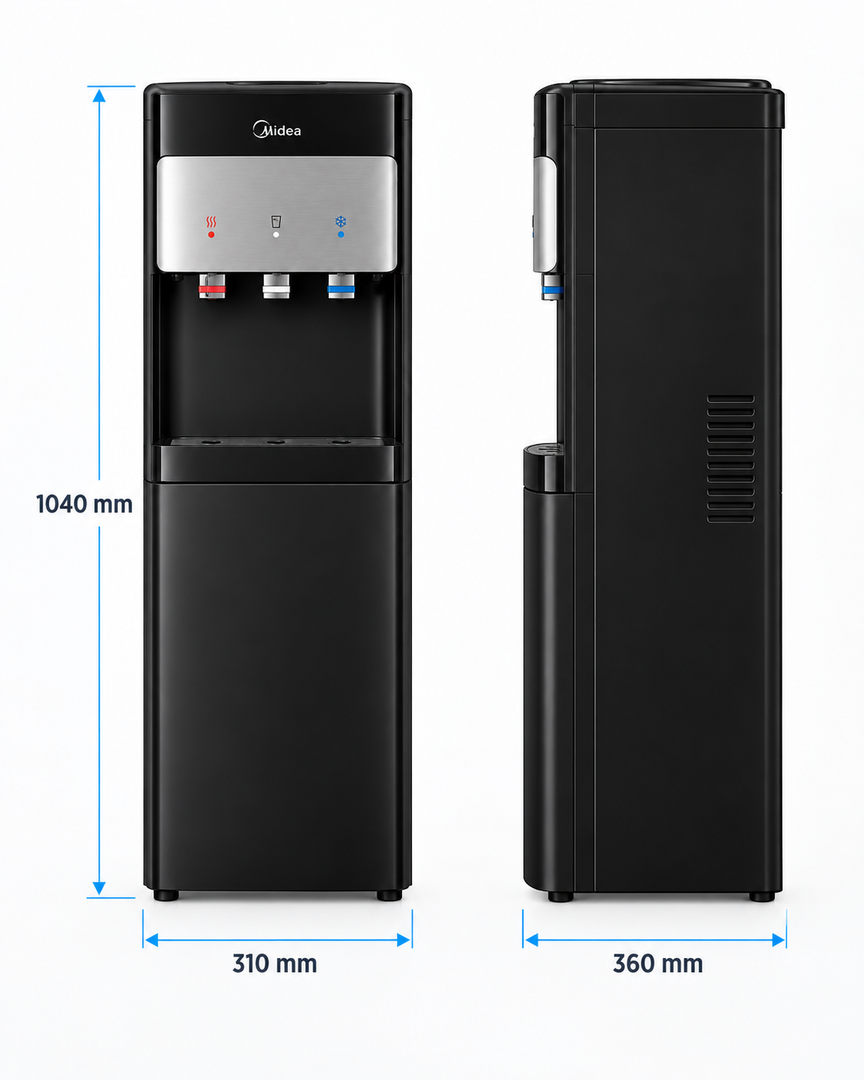 Midea YL1633S Bottom Loading Water Dispenser – Hot, Cold & Ambient, Ice Cold Technology, Empty Bottle Indicator, Child Safety Lock, Black - Teq Souq