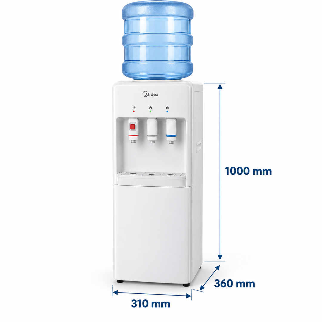 Midea YL1917SAE Top Loading Water Dispenser – Hot, Cold & Ambient Water, 3 Taps, Stainless Steel Tank, Child Safety Lock, White - Teq Souq