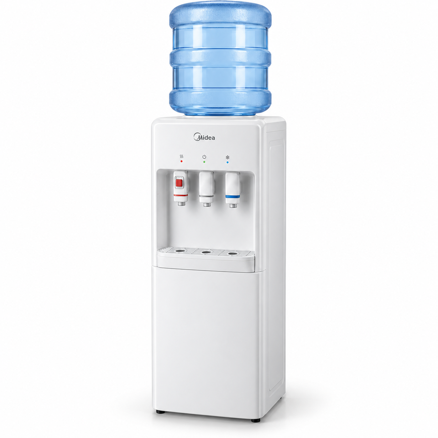 Midea YL1917SAE Top Loading Water Dispenser – Hot, Cold & Ambient Water, 3 Taps, Stainless Steel Tank, Child Safety Lock, White - Teq Souq