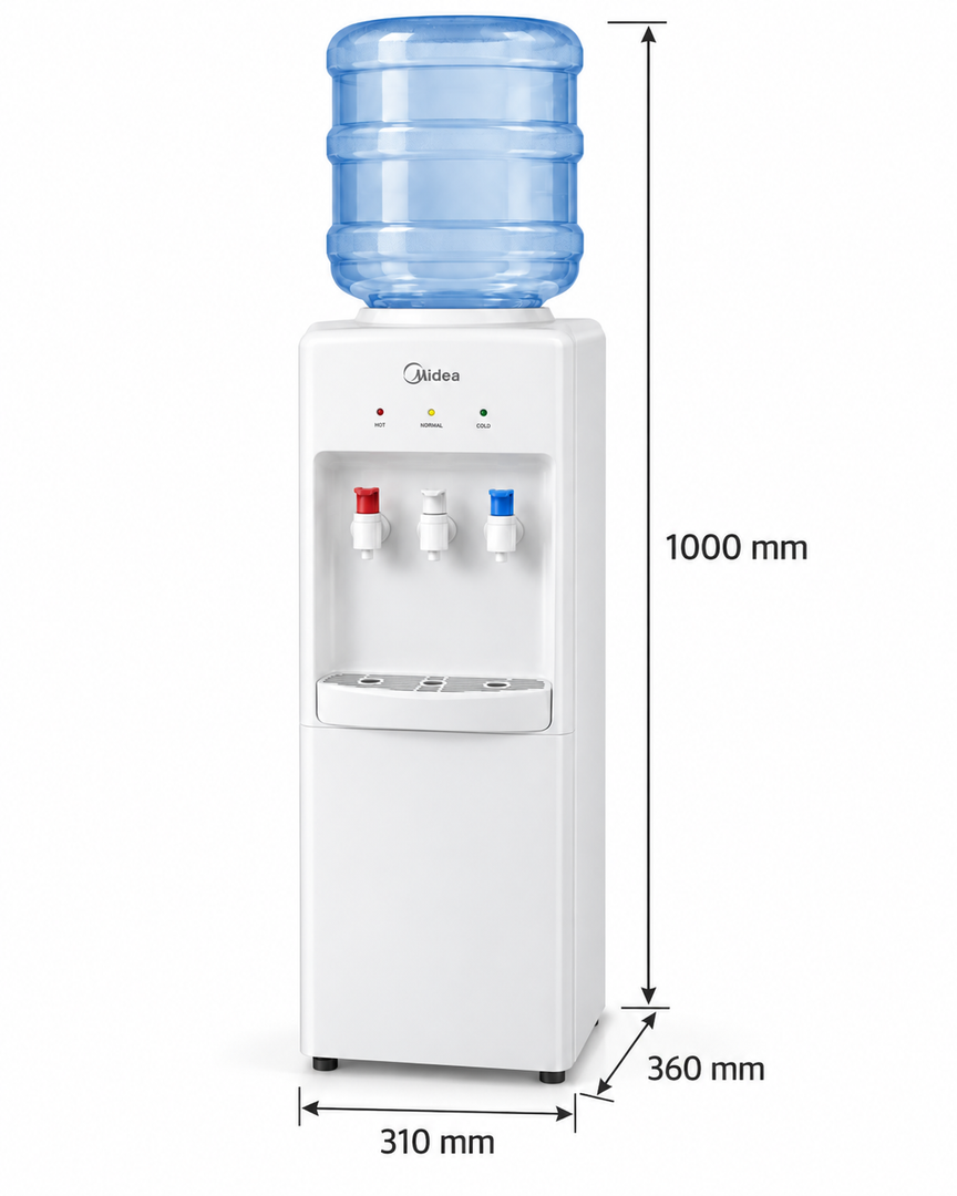 Midea YL1917S Top Loading Water Dispenser – Hot, Cold & Ambient Water, 3 Taps, Stainless Steel Tank, Child Safety Lock, White - Teq Souq
