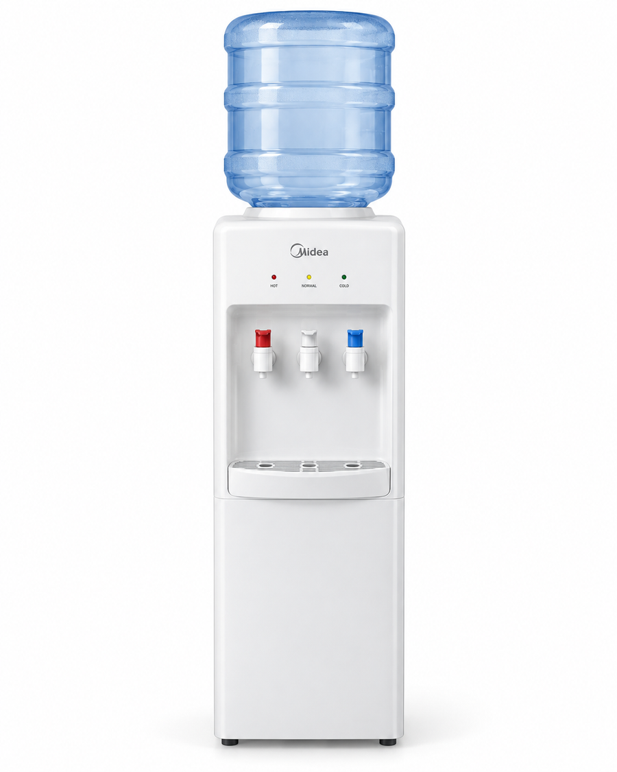 Midea YL1917S Top Loading Water Dispenser – Hot, Cold & Ambient Water, 3 Taps, Stainless Steel Tank, Child Safety Lock, White - Teq Souq