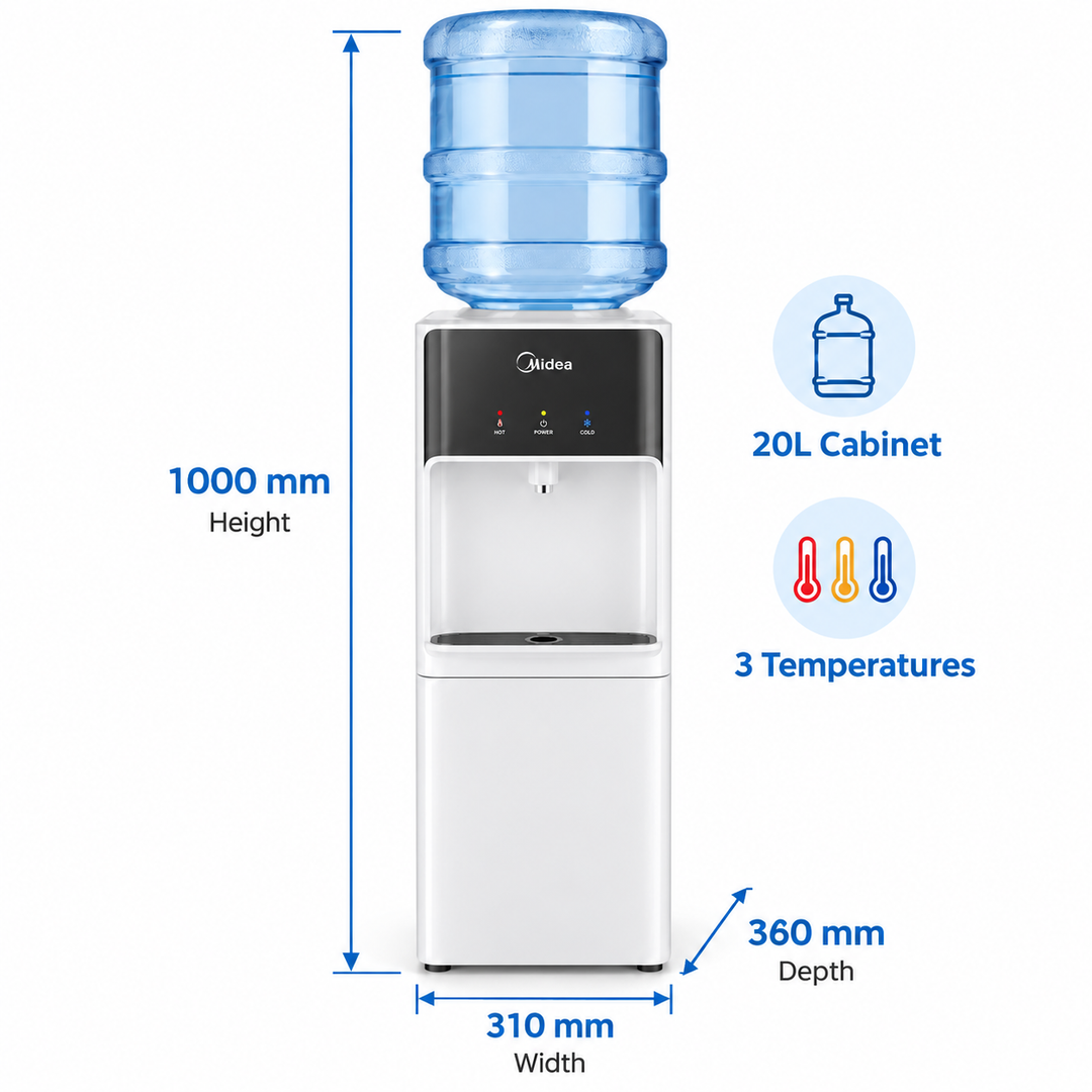 Midea YL2037SW Top Loading Water Dispenser – Hot, Cold & Ambient Water, Single Tap, Child Safety Lock, 20L Storage Cabinet, White - Teq Souq