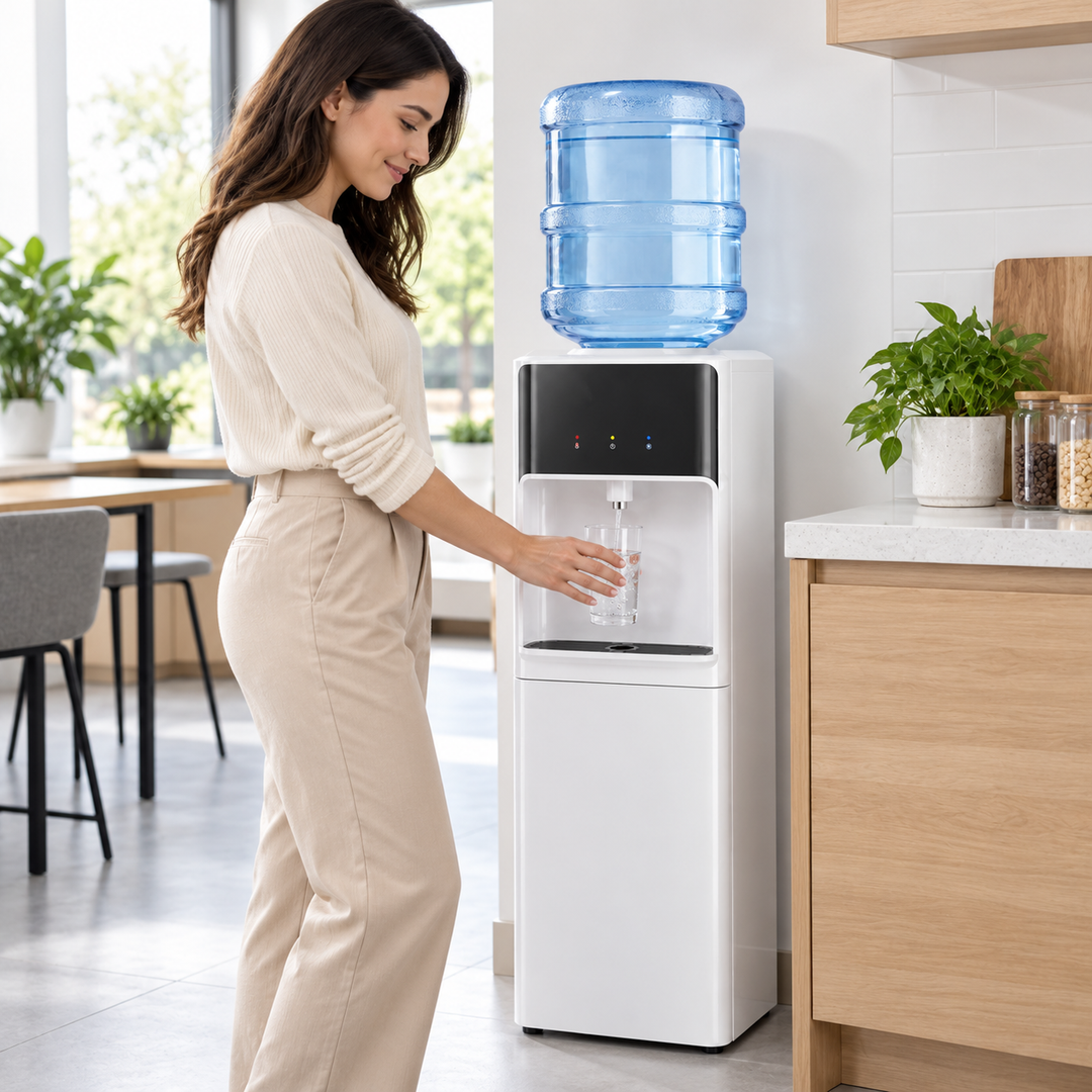 Midea YL2037SW Top Loading Water Dispenser – Hot, Cold & Ambient Water, Single Tap, Child Safety Lock, 20L Storage Cabinet, White - Teq Souq
