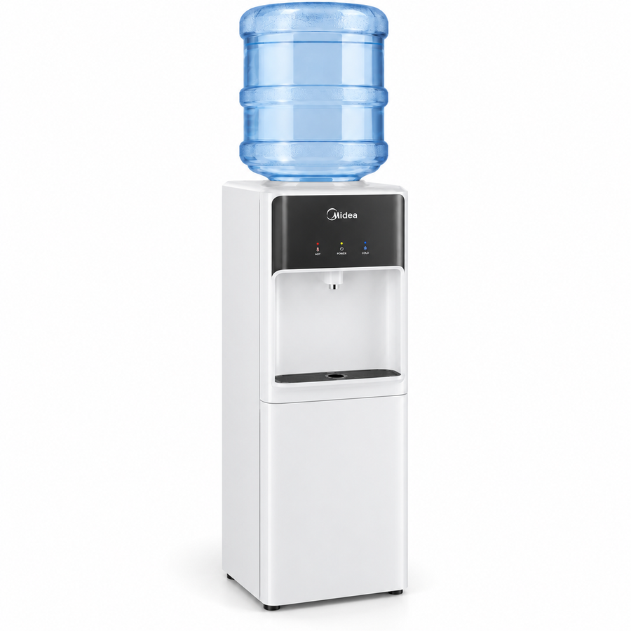 Midea YL2037SW Top Loading Water Dispenser – Hot, Cold & Ambient Water, Single Tap, Child Safety Lock, 20L Storage Cabinet, White - Teq Souq