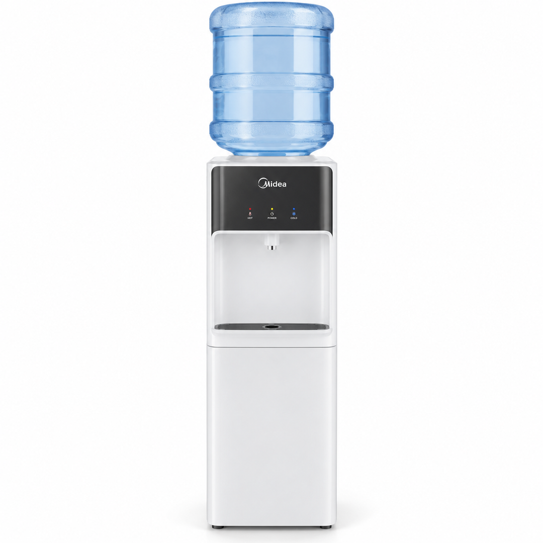 Midea YL2037SW Top Loading Water Dispenser – Hot, Cold & Ambient Water, Single Tap, Child Safety Lock, 20L Storage Cabinet, White - Teq Souq
