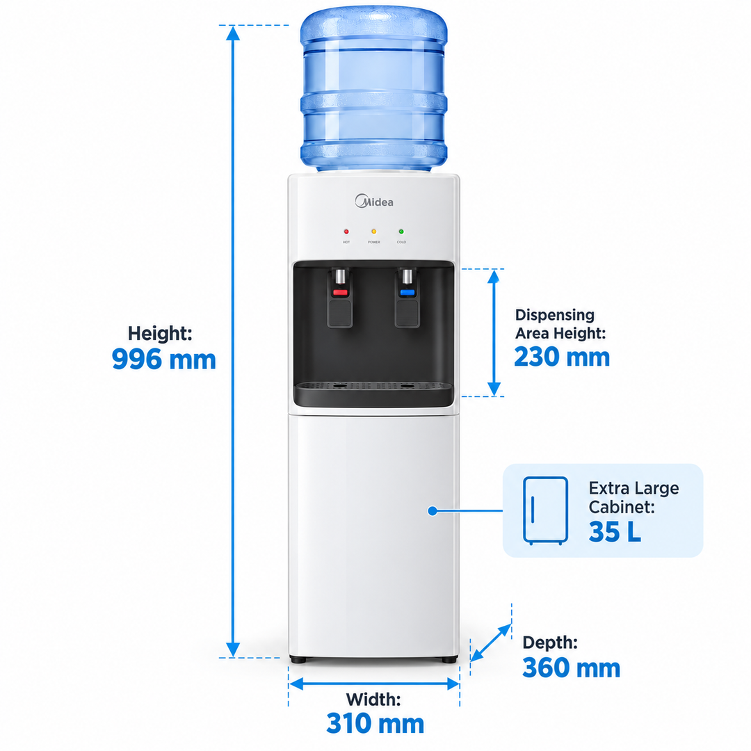 Midea Top Loading Hot & Cold Water Dispenser – Compressor Cooling, Child Safety Lock, 35L Storage Cabinet, White (YL2436-WBG) - Teq Souq