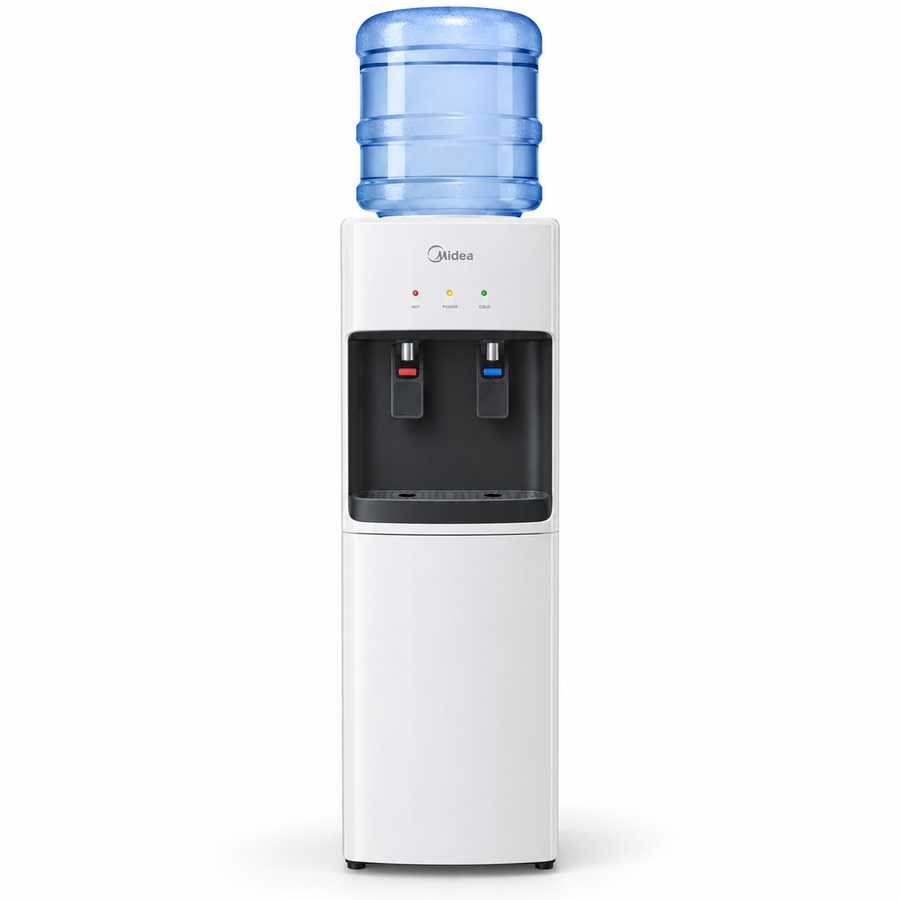 Midea Top Loading Hot & Cold Water Dispenser – Compressor Cooling, Child Safety Lock, 35L Storage Cabinet, White (YL2436-WBG) - Teq Souq
