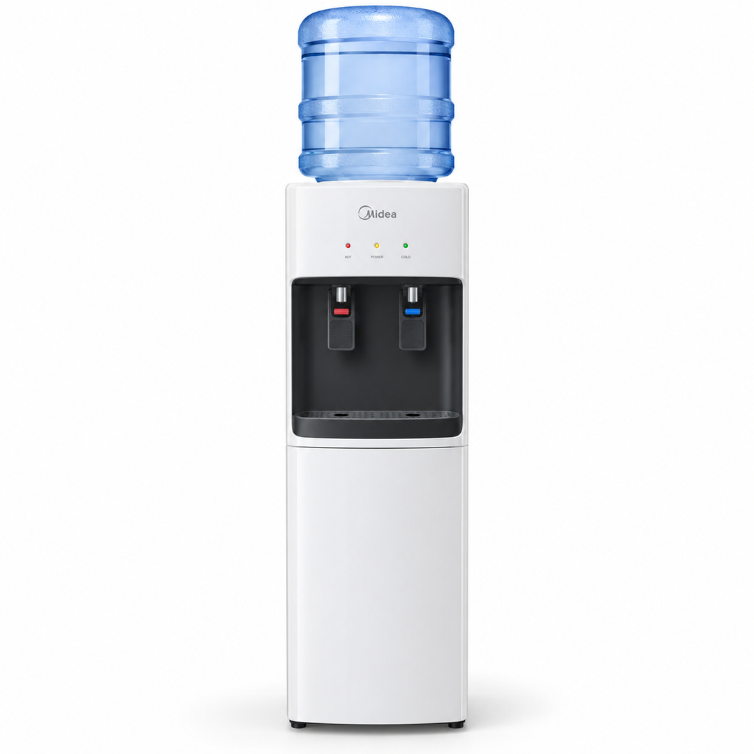 Midea Top Loading Hot & Cold Water Dispenser – Compressor Cooling, Child Safety Lock, 35L Storage Cabinet, White (YL2436-WBG) - Teq Souq