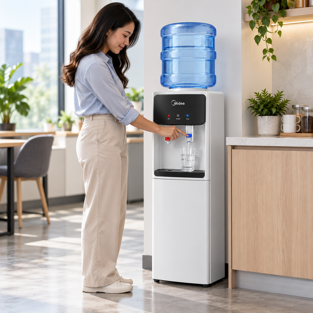 Midea YL2436-W Top Loading Hot & Cold Water Dispenser – Compressor Cooling, Child Safety Lock, 35L Storage Cabinet, White - Teq Souq