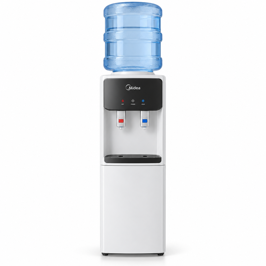 Midea YL2436-W Top Loading Hot & Cold Water Dispenser – Compressor Cooling, Child Safety Lock, 35L Storage Cabinet, White - Teq Souq