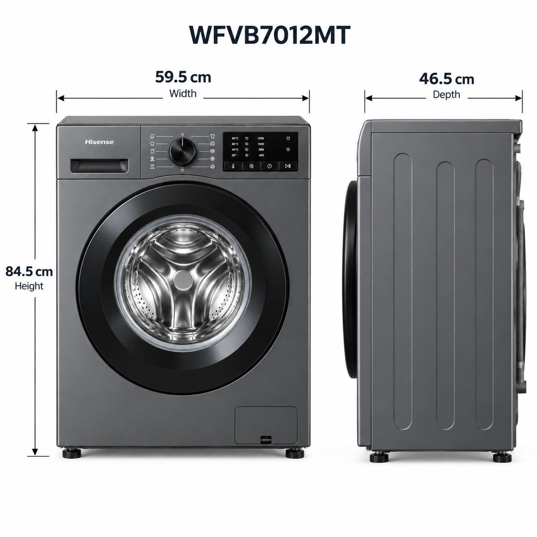 Hisense 7kg Front Load Washing Machine, 1200 RPM, Steam Wash, 15 Programs, Titanium Grey – WFVB7012MT - Teq Souq